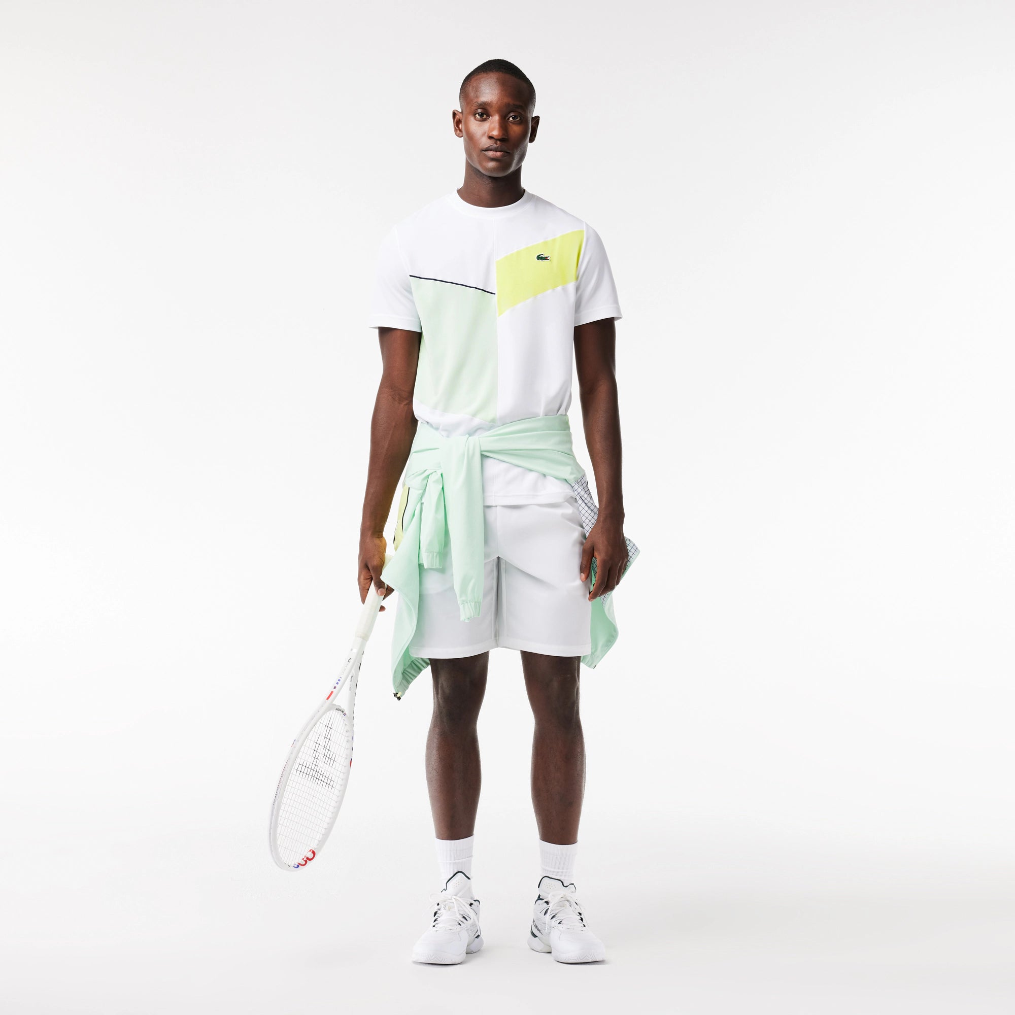 Lacoste TH1797-51 Men&#39;s Regular Fit Tennis T-shirt [White/Flashy Yellow/Green/Navy Blue]